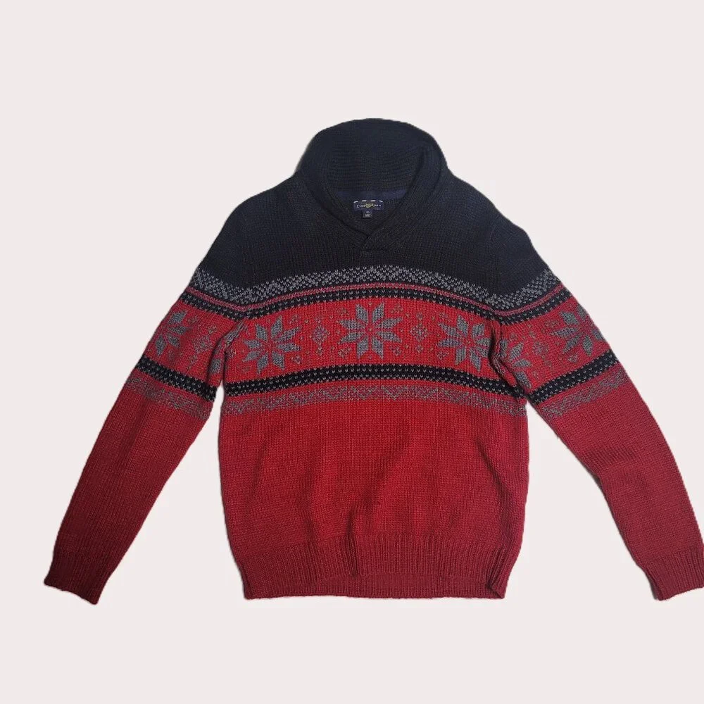 Club Room Men’s M Shawl Collar Fair Isle Sweater Red Black Winter Knit